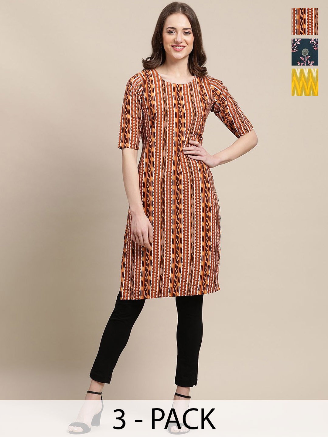 

7Threads Selection Of 3 Geometric Printed Round Neck Kurtas, Red