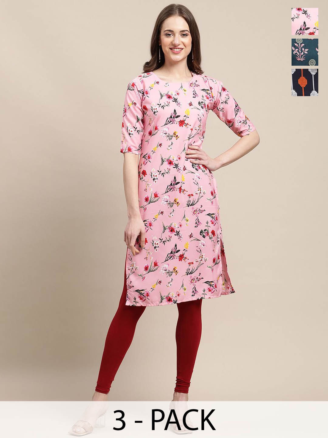 

7Threads Pack Of 3 Floral Printed Round Neck Straight Crepe Kurta, Pink