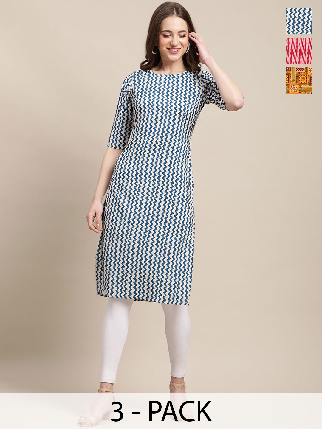 

7Threads Selection Of 3 Chevron Printed Straight Kurtas, Blue