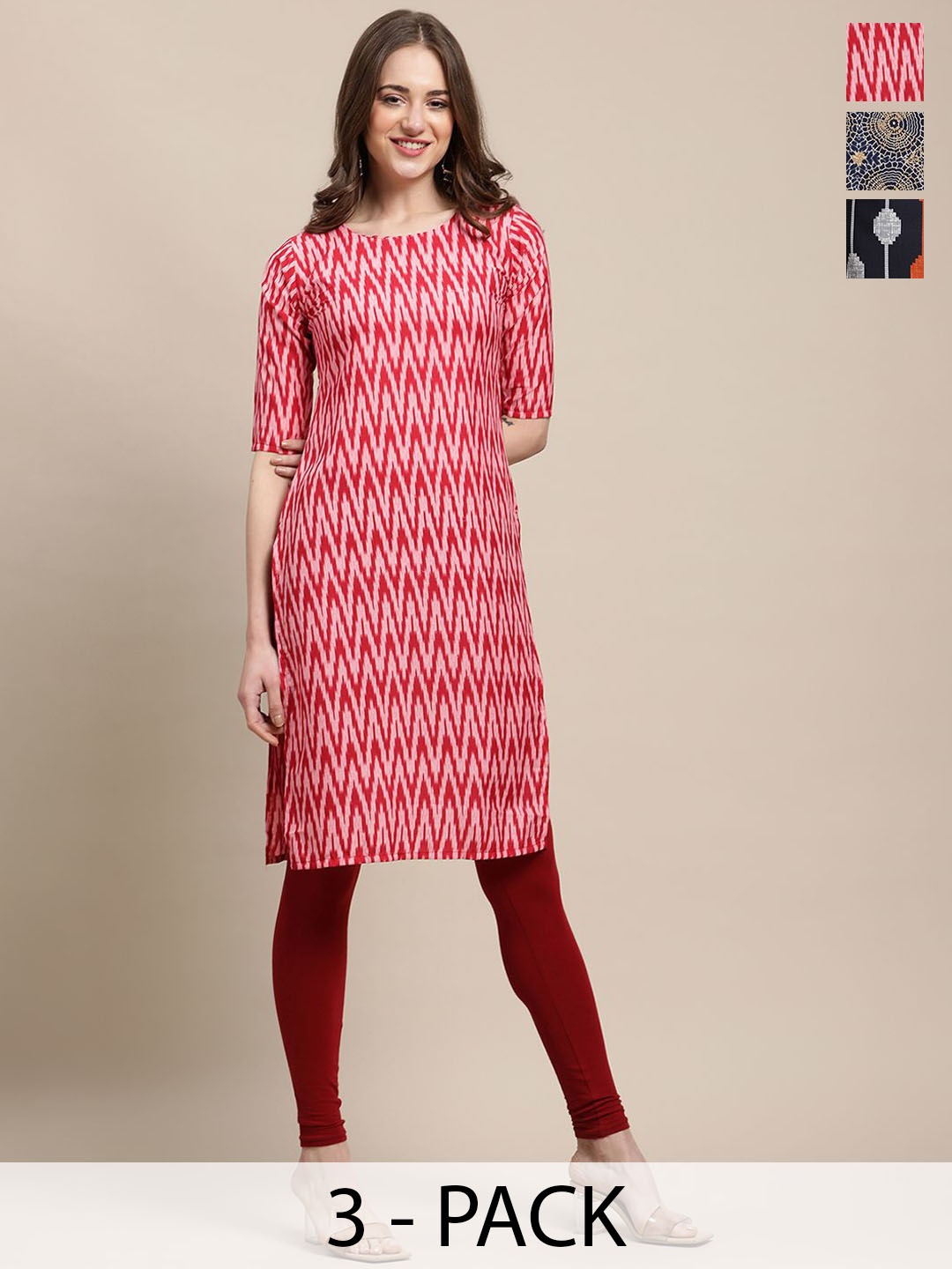 

7Threads Selection Of 3 Chevron Printed Round Neck Kurtas, Red