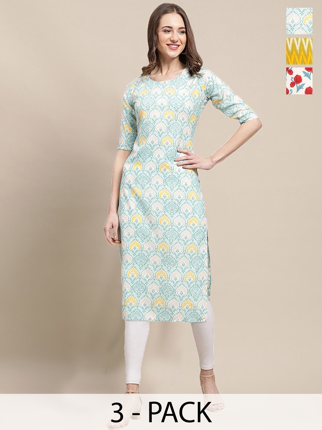

7Threads Selection Of 3 Ethnic Motifs Printed Straight Kurtas, Blue