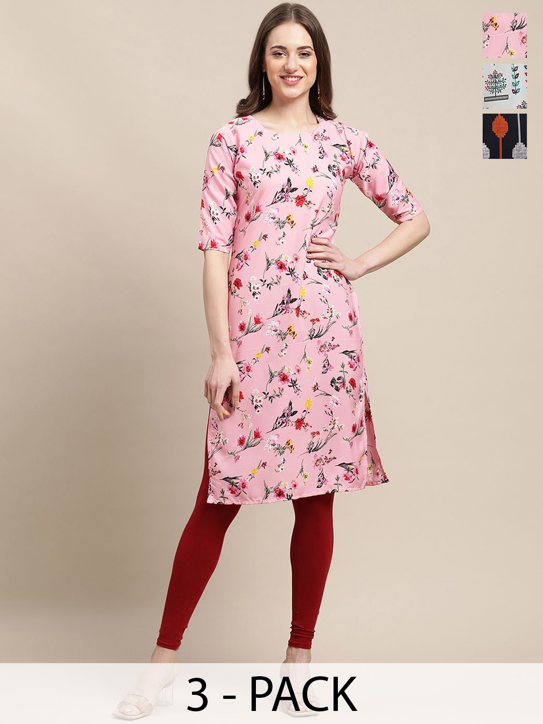 7Threads Selection Of 3 Floral Printed Round Neck Crepe Straight Kurta, Pink