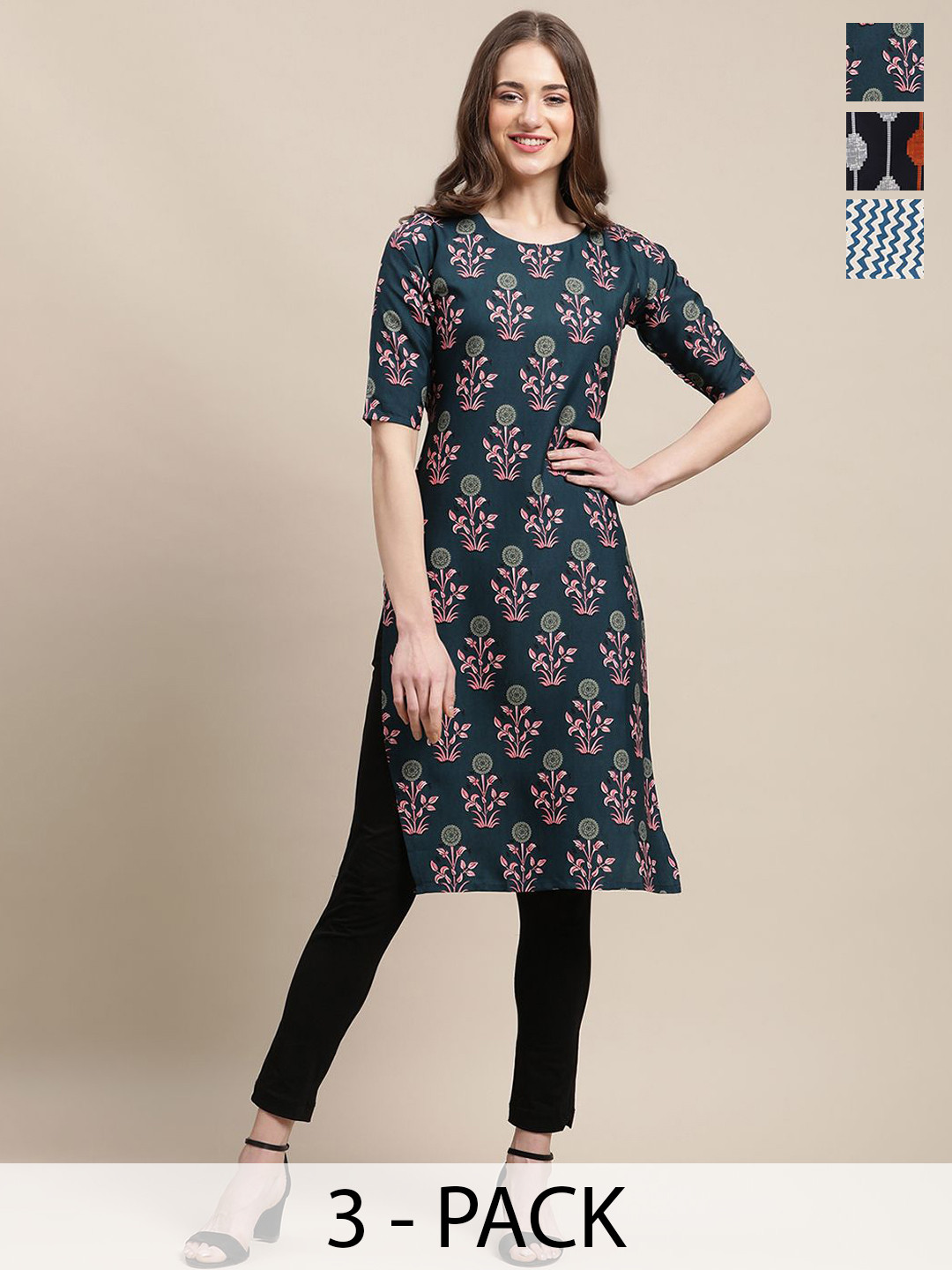

7Threads Selection Of 3 Ethnic Motifs Printed Straight Kurtas, Green