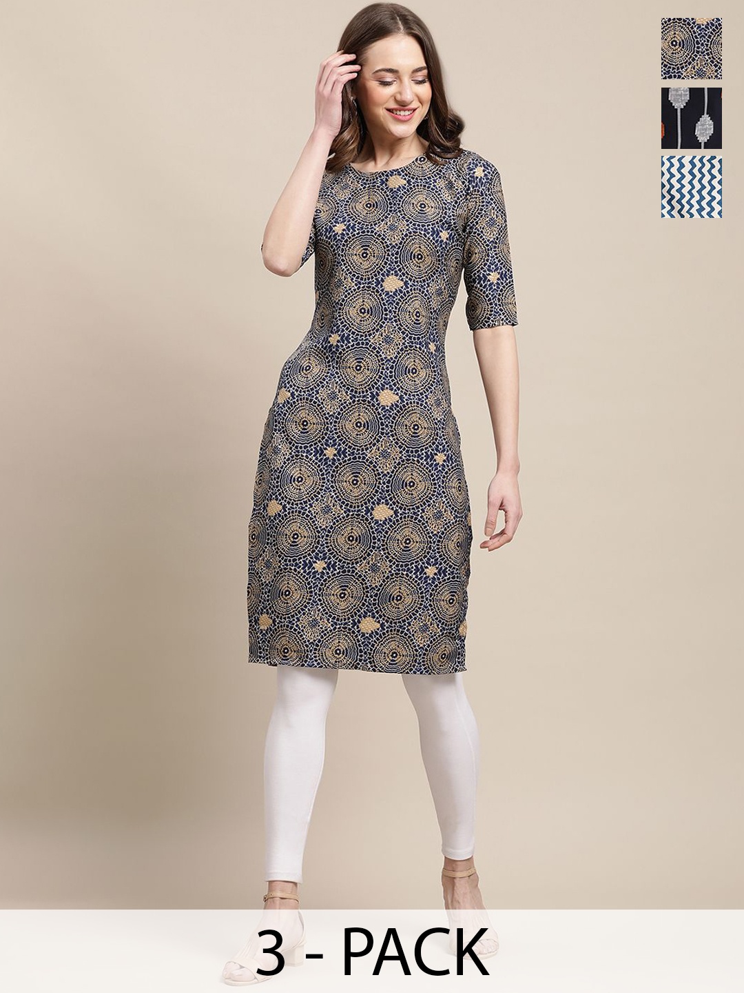 

7Threads Selection Of 3 Ethnic Motifs Printed Round Neck Crepe Straight Kurta, Navy blue