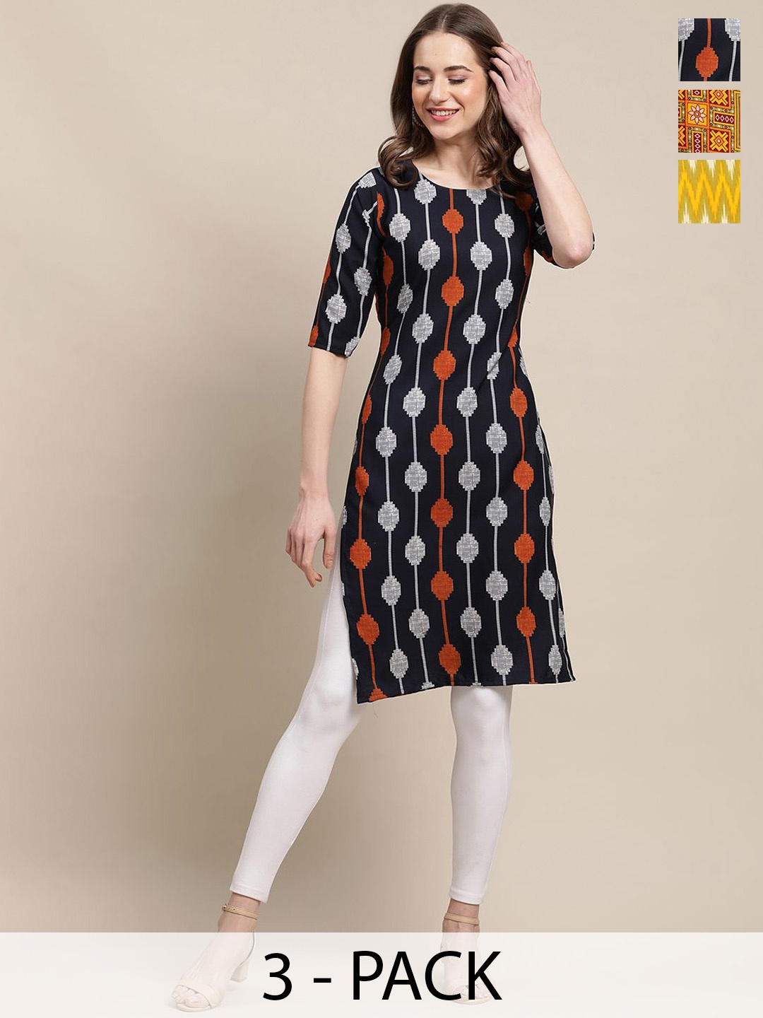 

7Threads Selection Of 3 Ethnic Motifs Printed Straight Kurta, Black