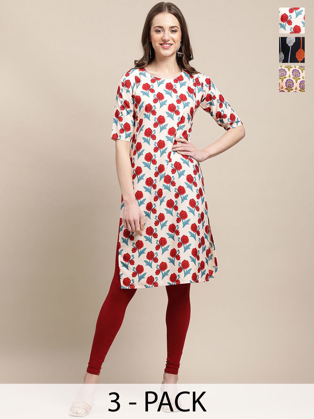 

7Threads Selection of 3 Floral & Geometric Printed Straight Kurtas, Cream