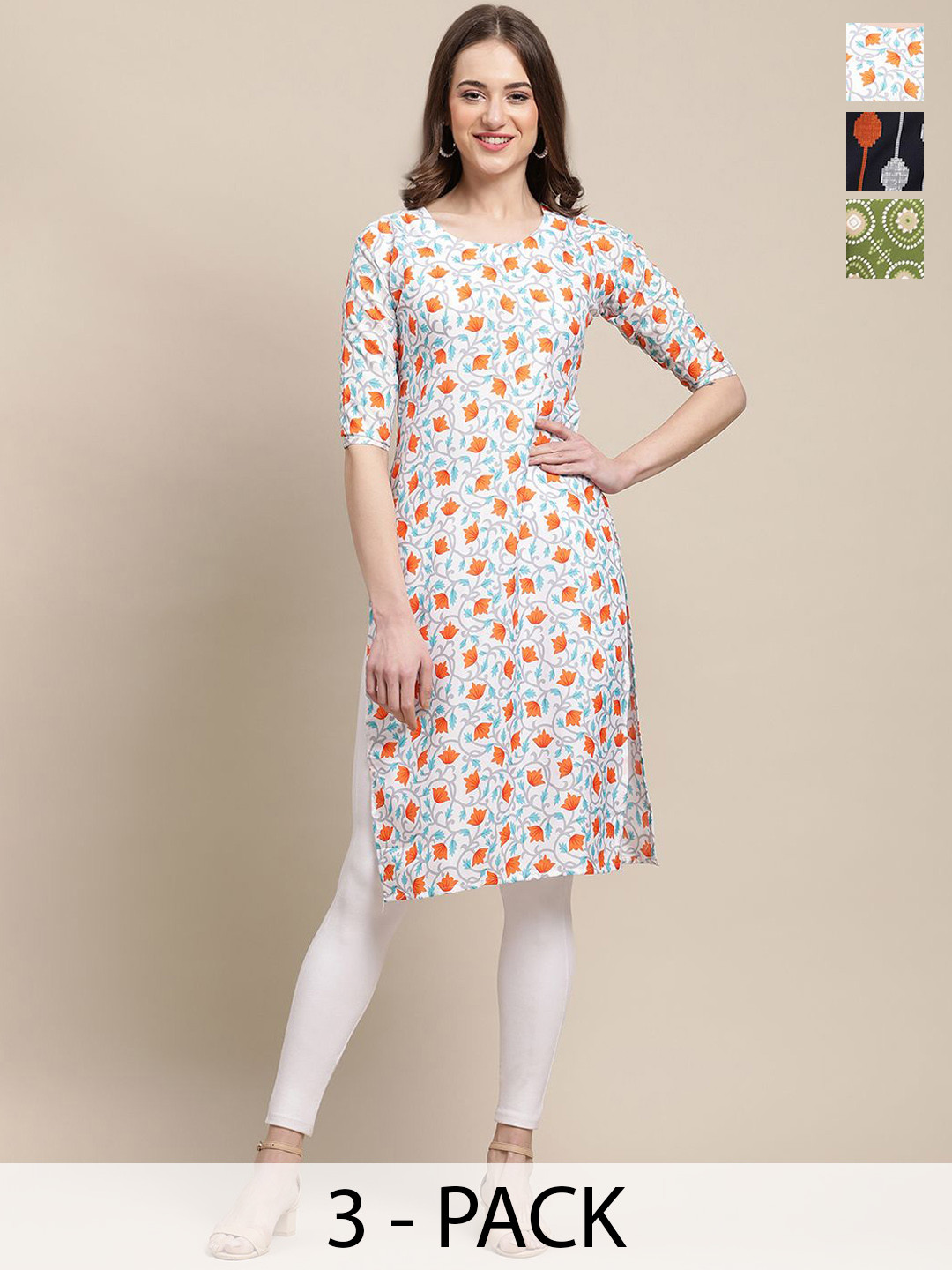

7Threads Selections Of 3 Floral Printed Straight Kurtas, White