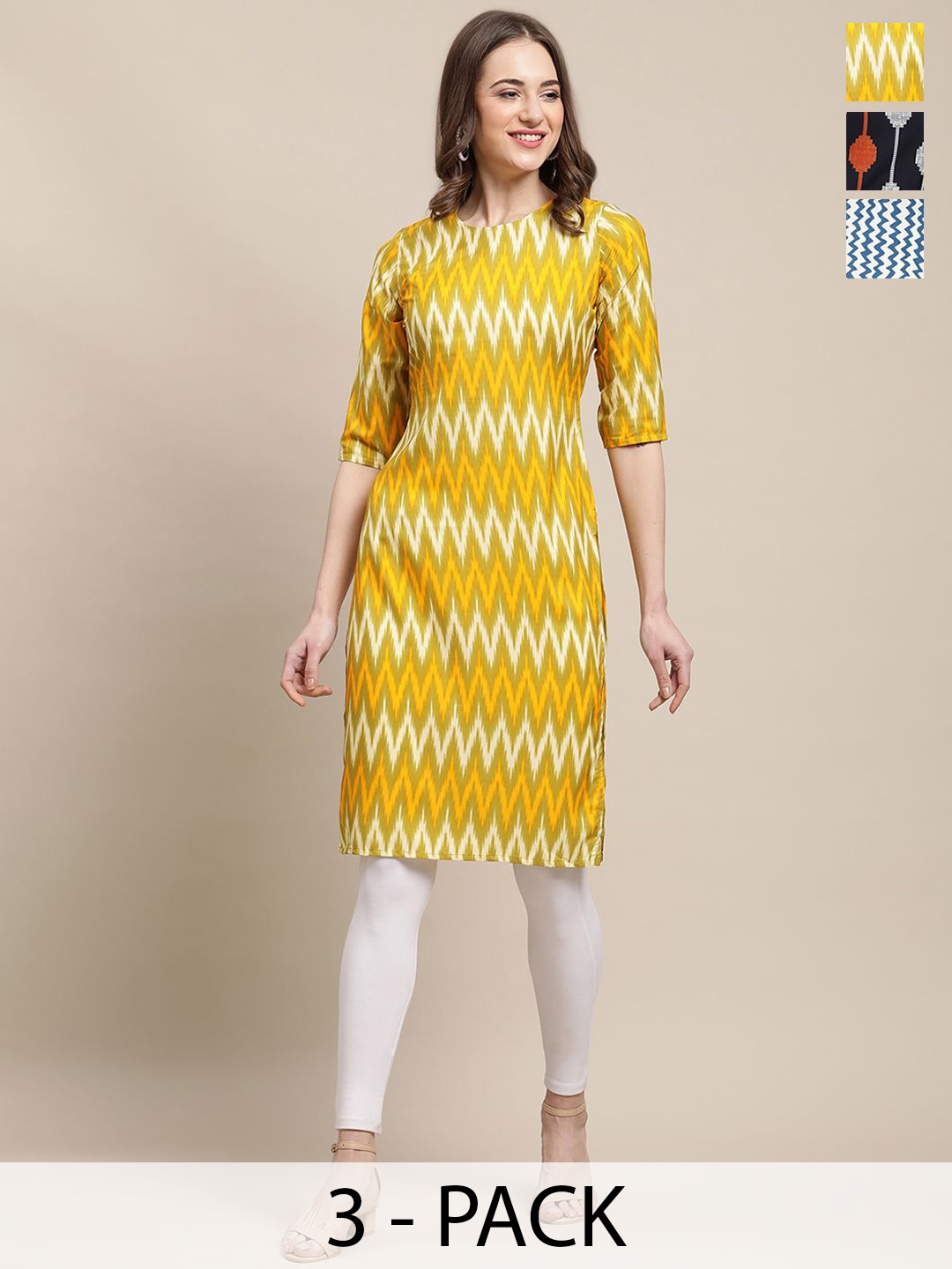 

7Threads Selections Of 3 Ethnic Motifs Printed Straight Kurta, Yellow