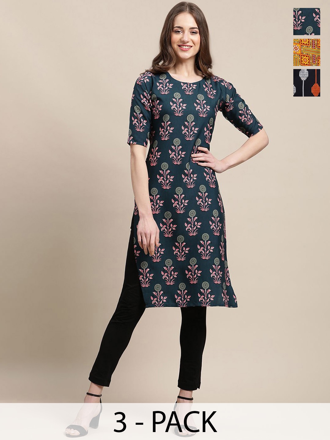 7Threads Selection Of 3 Floral Printed Round Neck Straight Kurtas, Blue