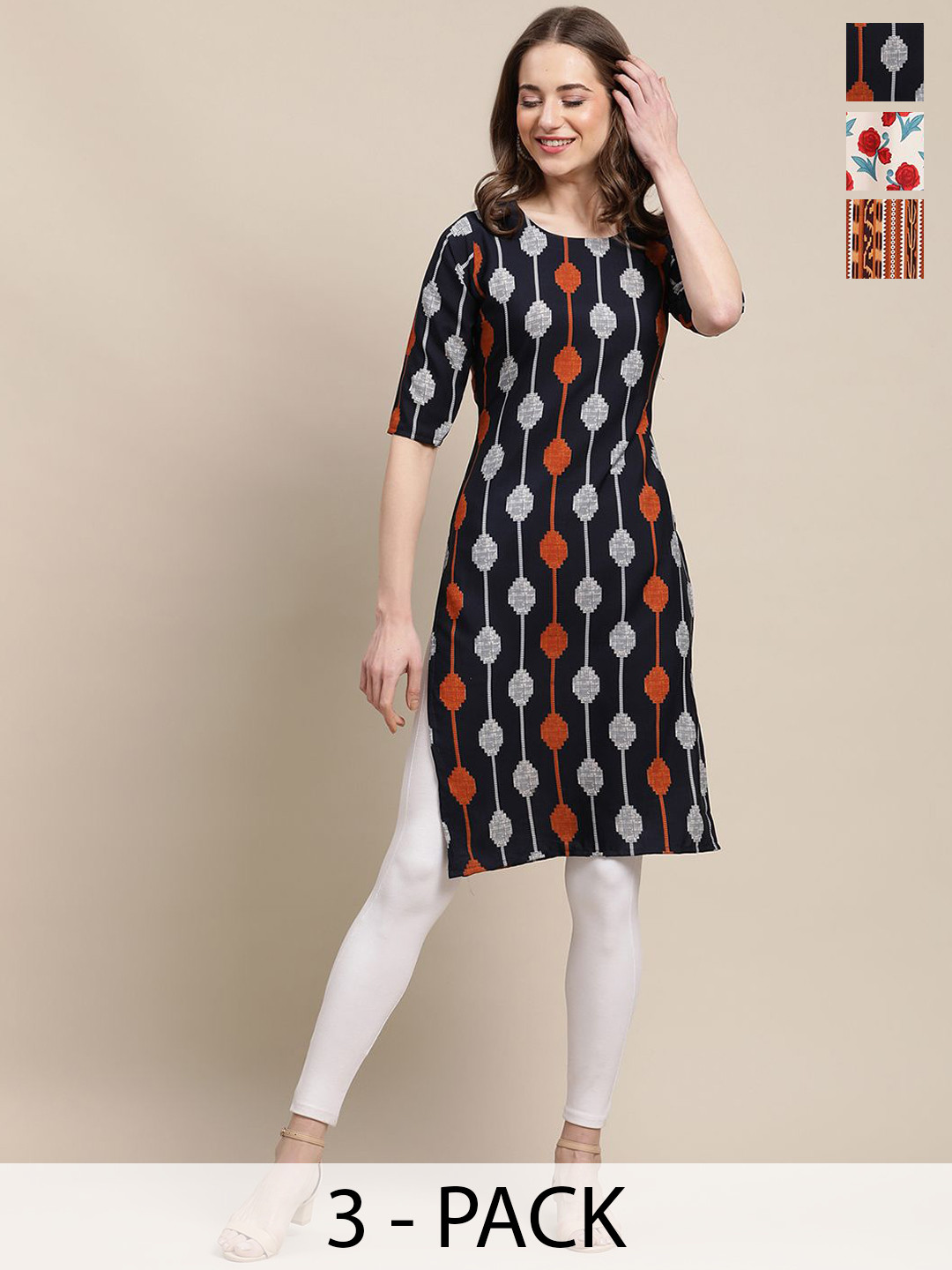 

7Threads Selection Of 3 Ethnic Motifs Printed Round Neck Crepe Straight Kurta, Black