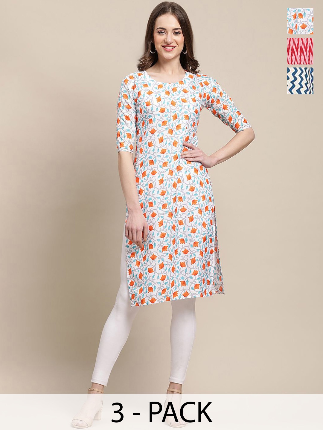

7Threads Selection Of 3 Chevron Printed Round Neck Crepe Straight Kurta, White