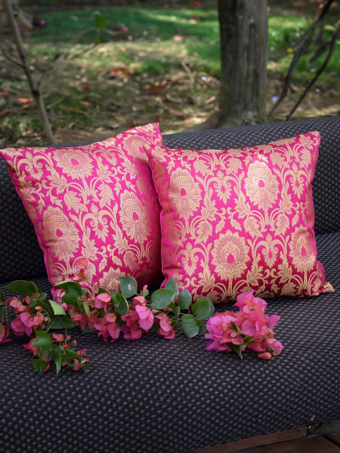 

RoyalDeco Pink 2 Pieces Ethnic Motifs Zari Brocade Silk Square Cushion Covers