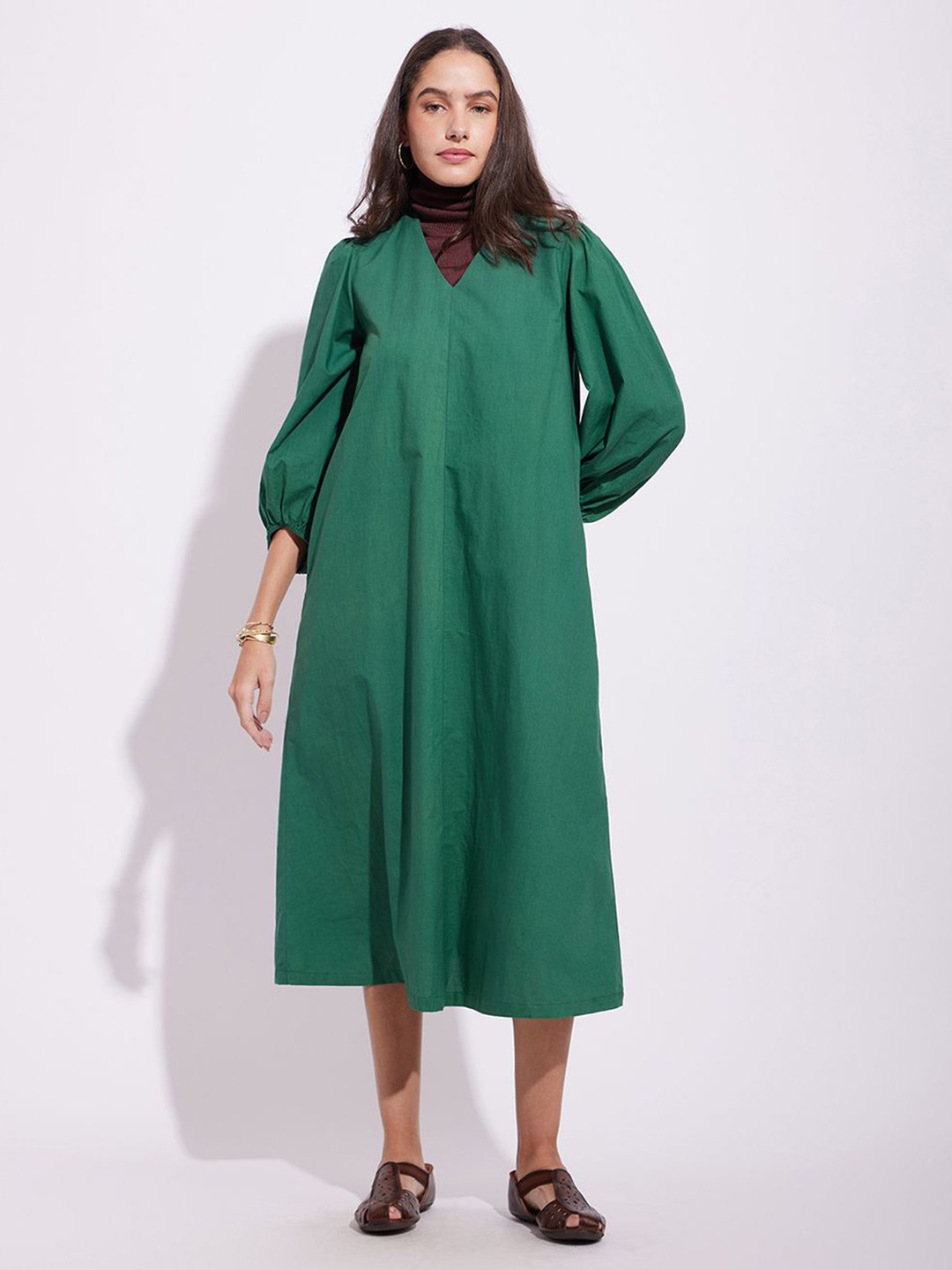 

Pink Fort Women Cotton A-Line Midi Dress, Green