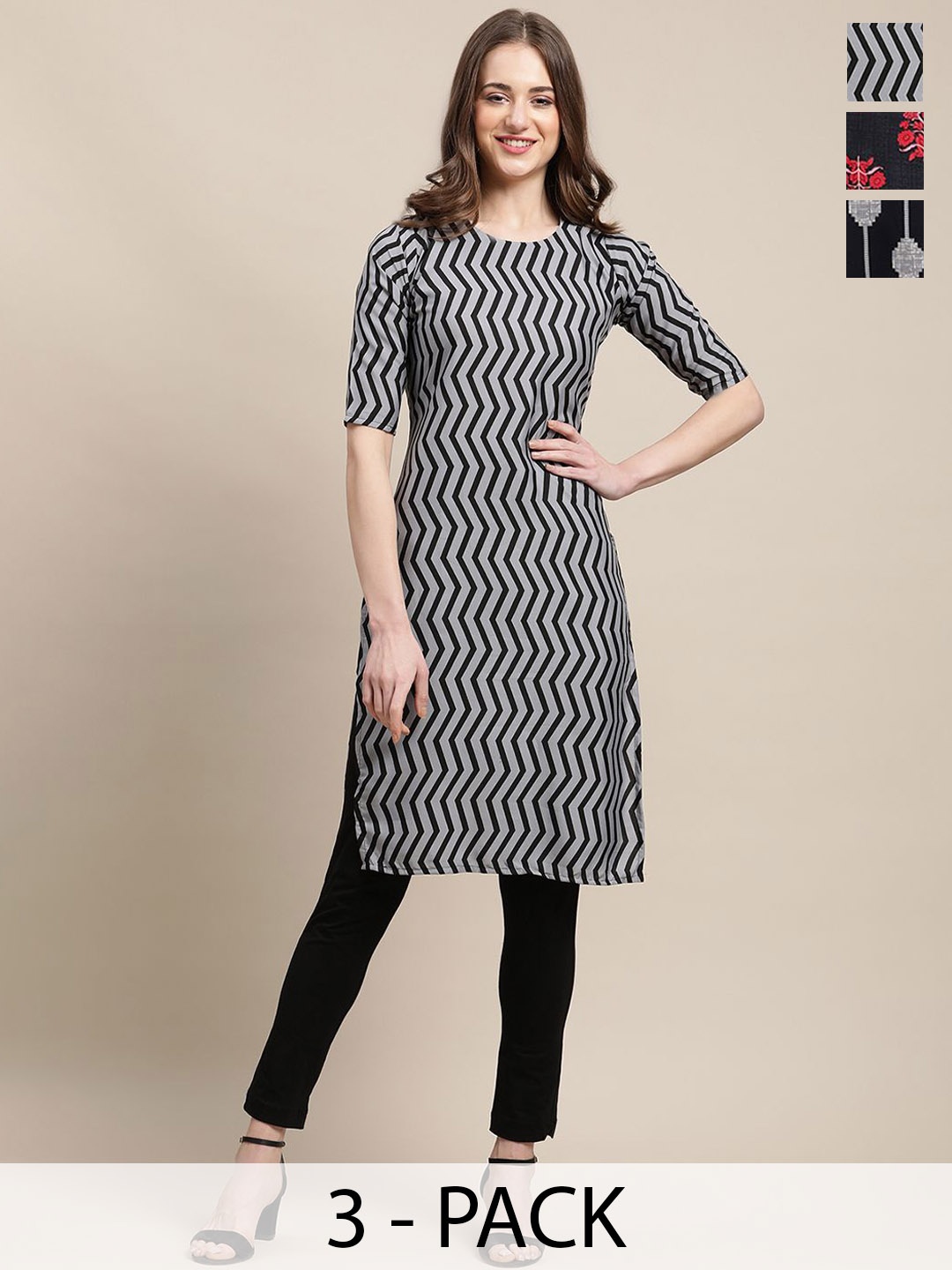 

7Threads Selection Of 3 Chervon Printed Round Neck Straight Kurta, Grey