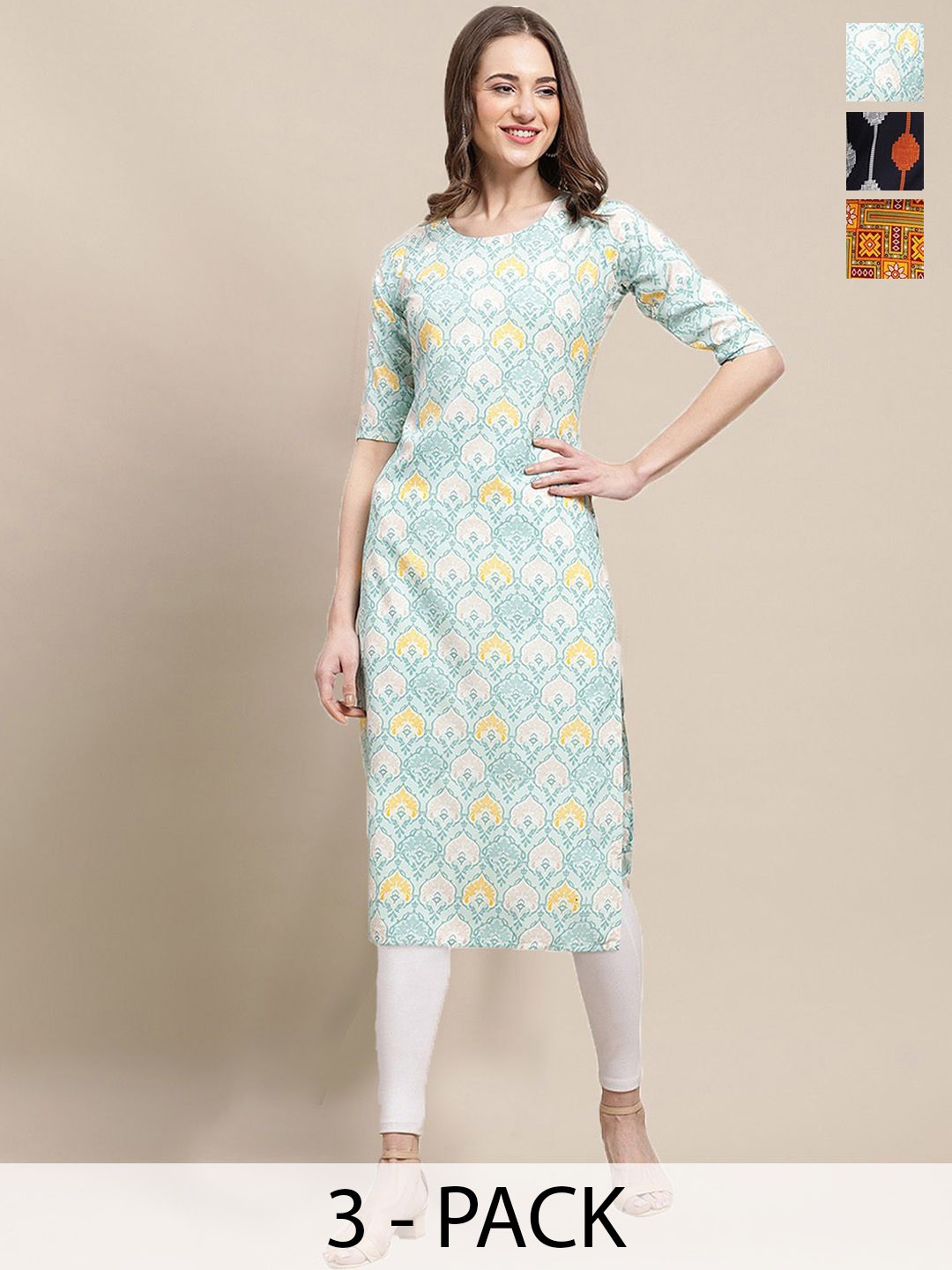 

7Threads Selection Of 3 Ethnic Motifs Printed Straight Kurtas, Blue