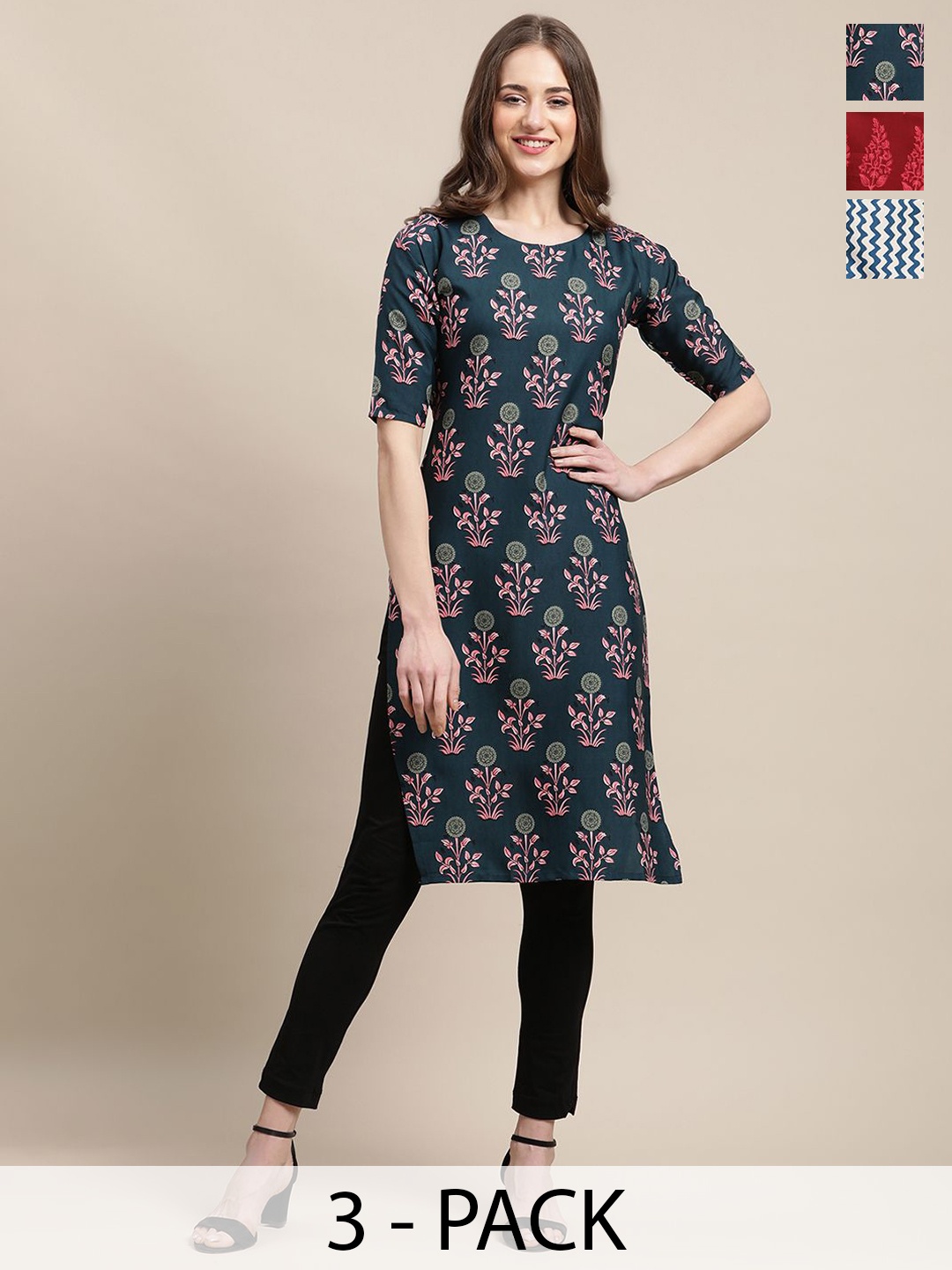 

7Threads Selections Of 3 Ethnic Motifs Printed Straight Kurtas, Turquoise blue