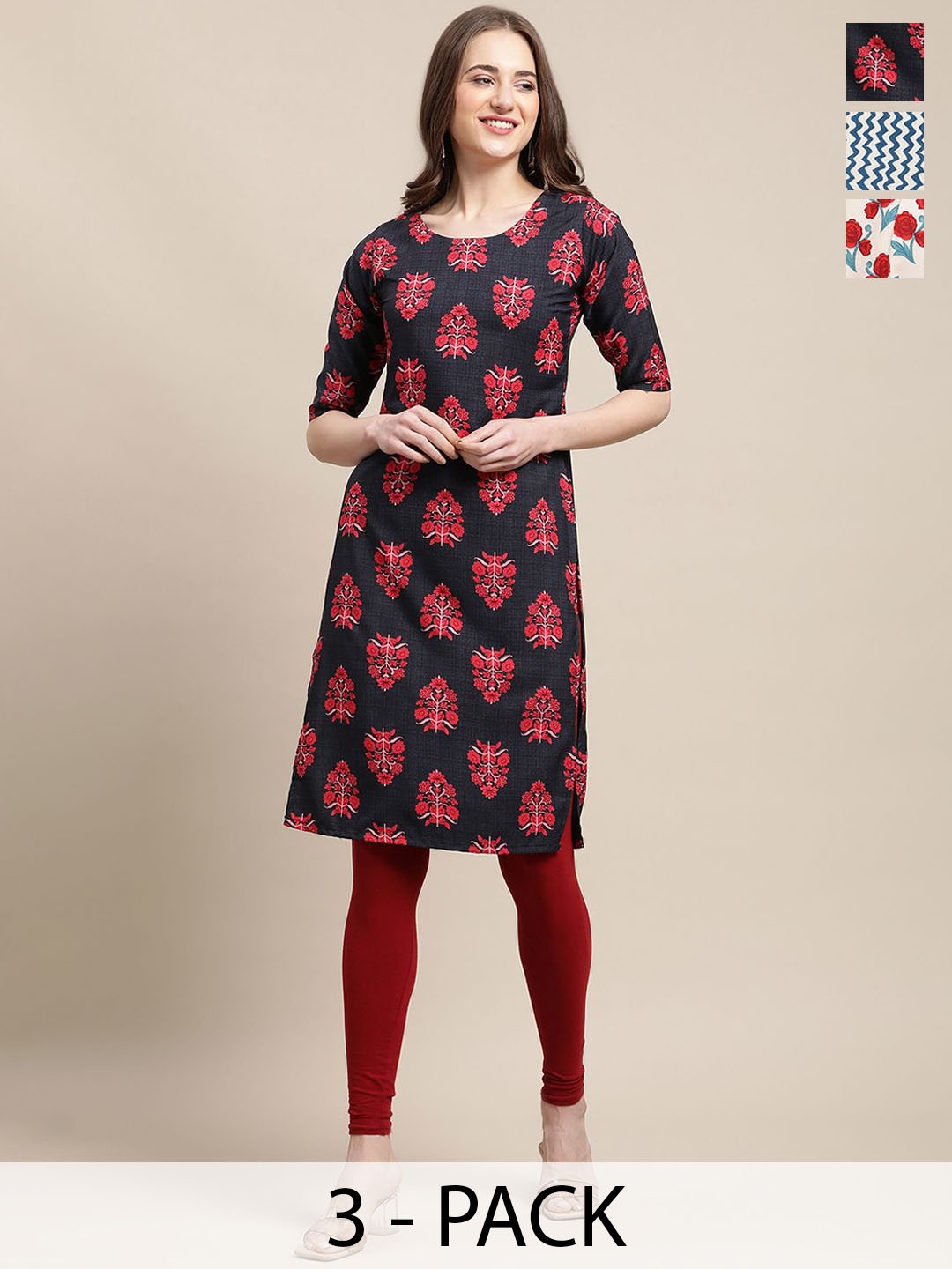 

7Threads Selection Of 3 Floral Printed Round Neck Crepe Straight Kurta, Black