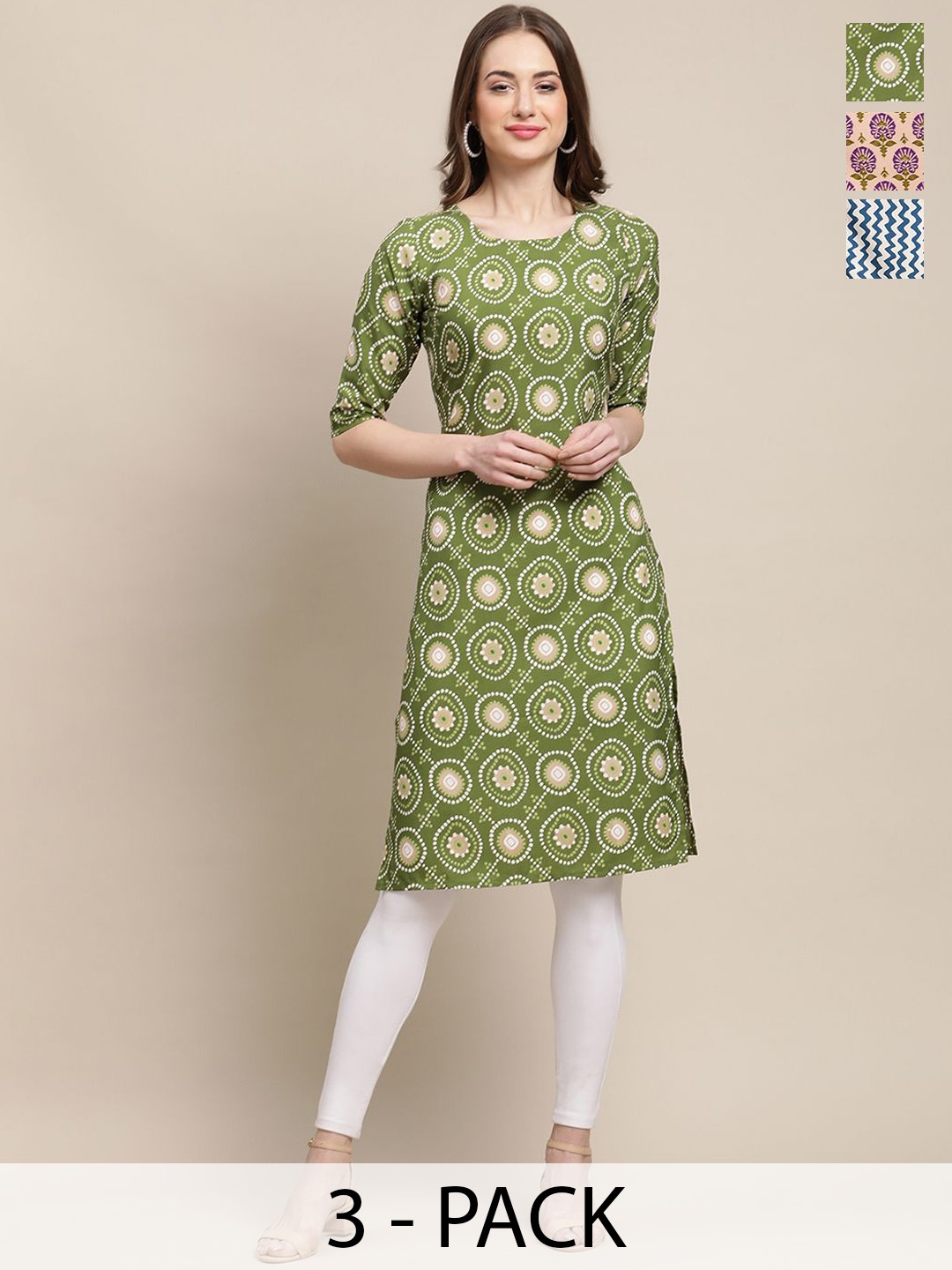 

7Threads Selection Of 3 Ethnic Motifs Printed Straight Kurtas, Green