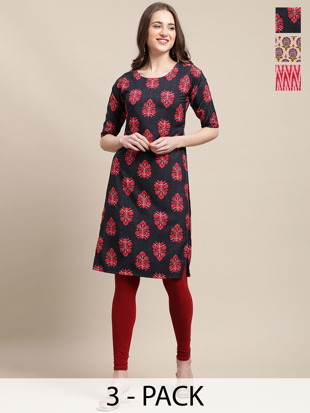 

7Threads Selection Of 3 Ethnic Motifs Printed Straight Kurtas, Black