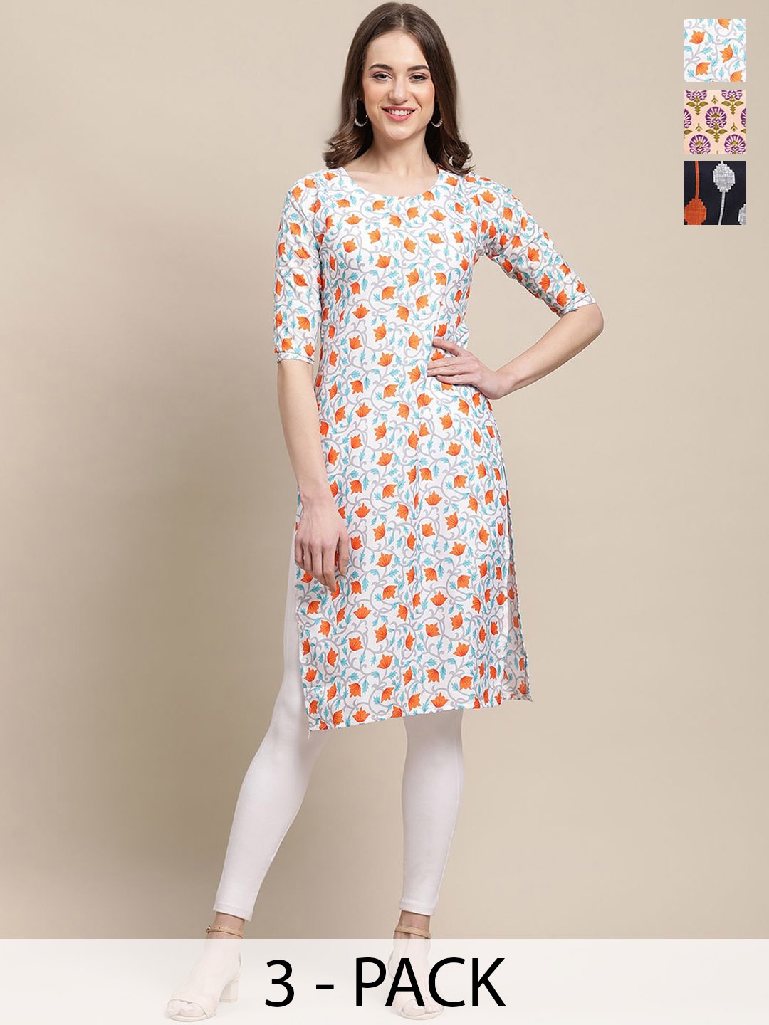 

7Threads Selection Of 3 Ethnic Motifs Printed Kurtas, Orange