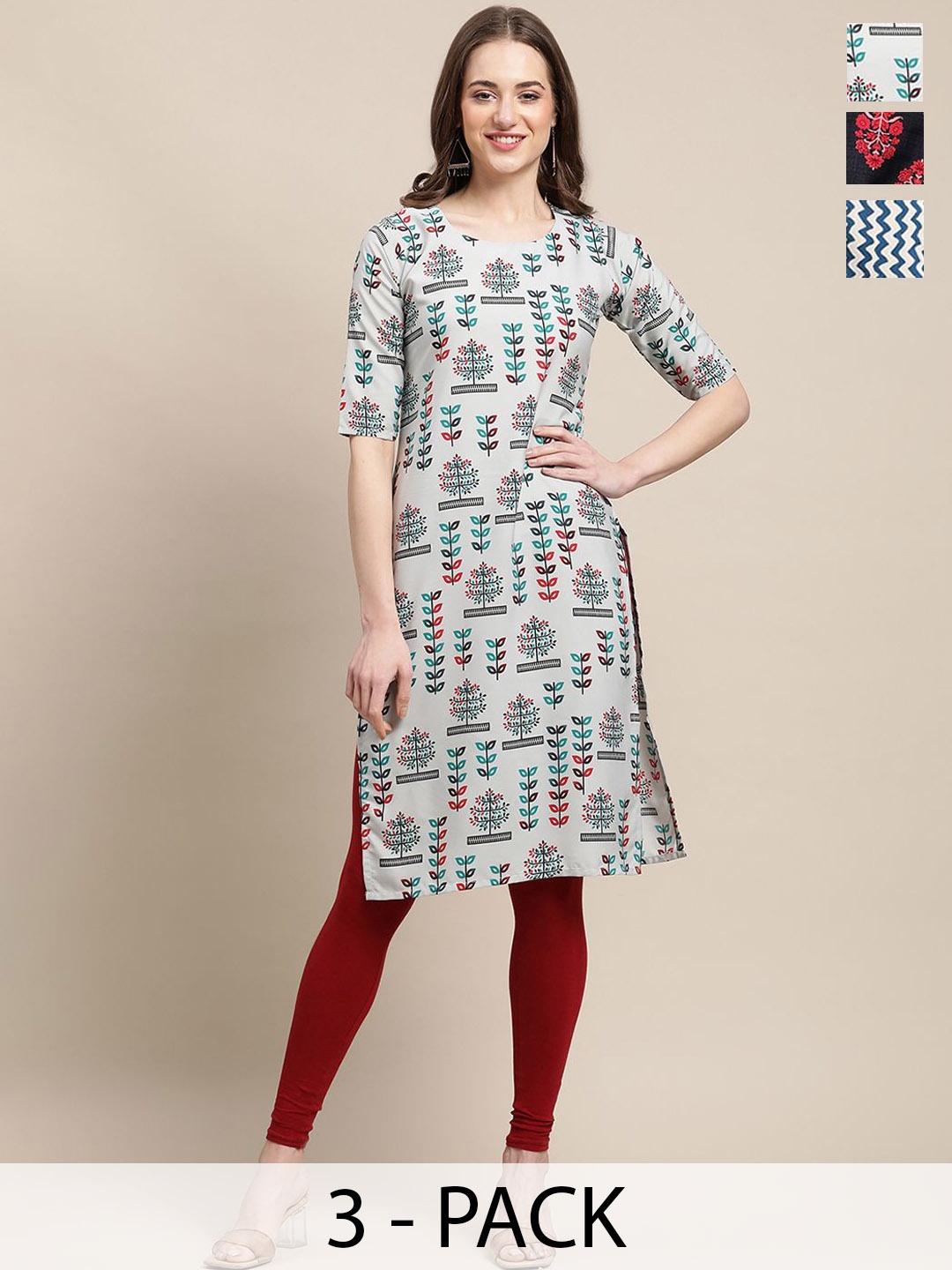 

7Threads Selection of 3 Ethnic Motifs Printed Crepe Straight Kurta, Grey