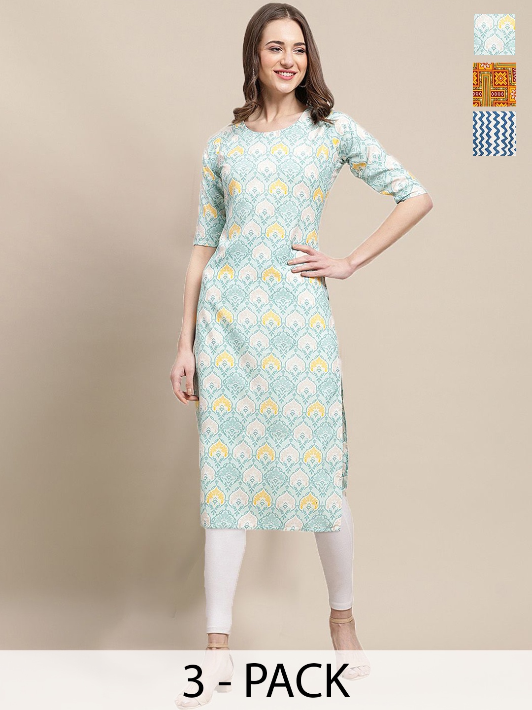 

7Threads Selection Of 3 Ethnic Motifs Printed Round Neck Crepe Straight Kurta, Blue