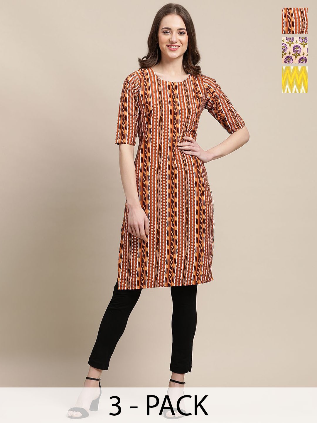 

7Threads Selection Of 3 Floral Printed Round Neck Straight Kurta, Bronze