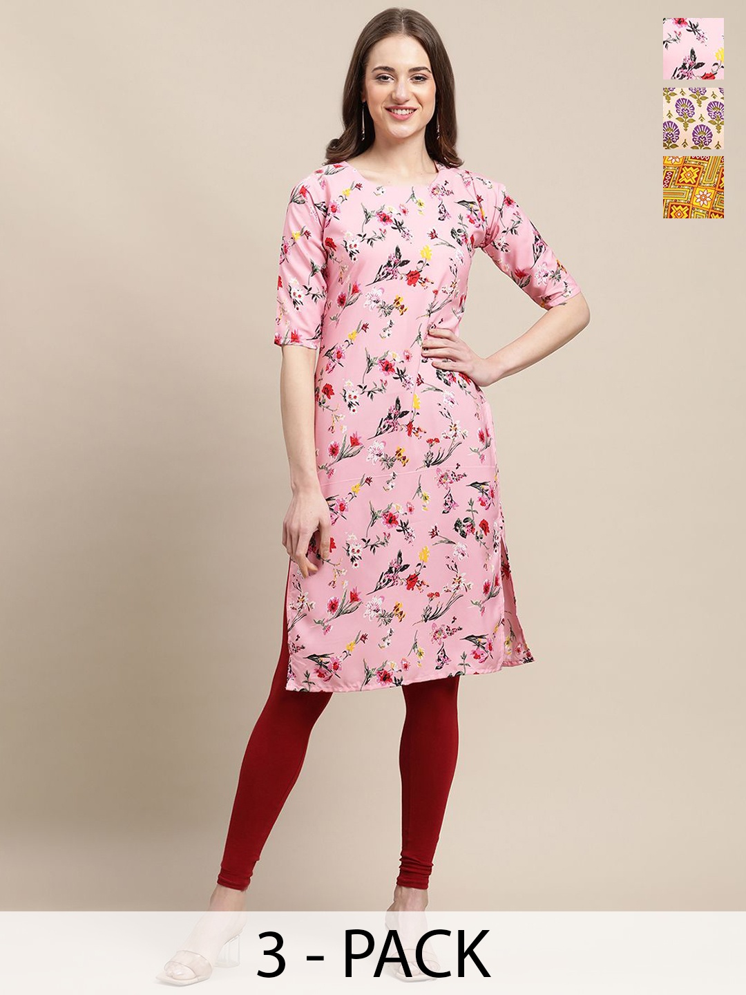 

7Threads Selection Of 3 Floral Printed Straight Kurta, Pink