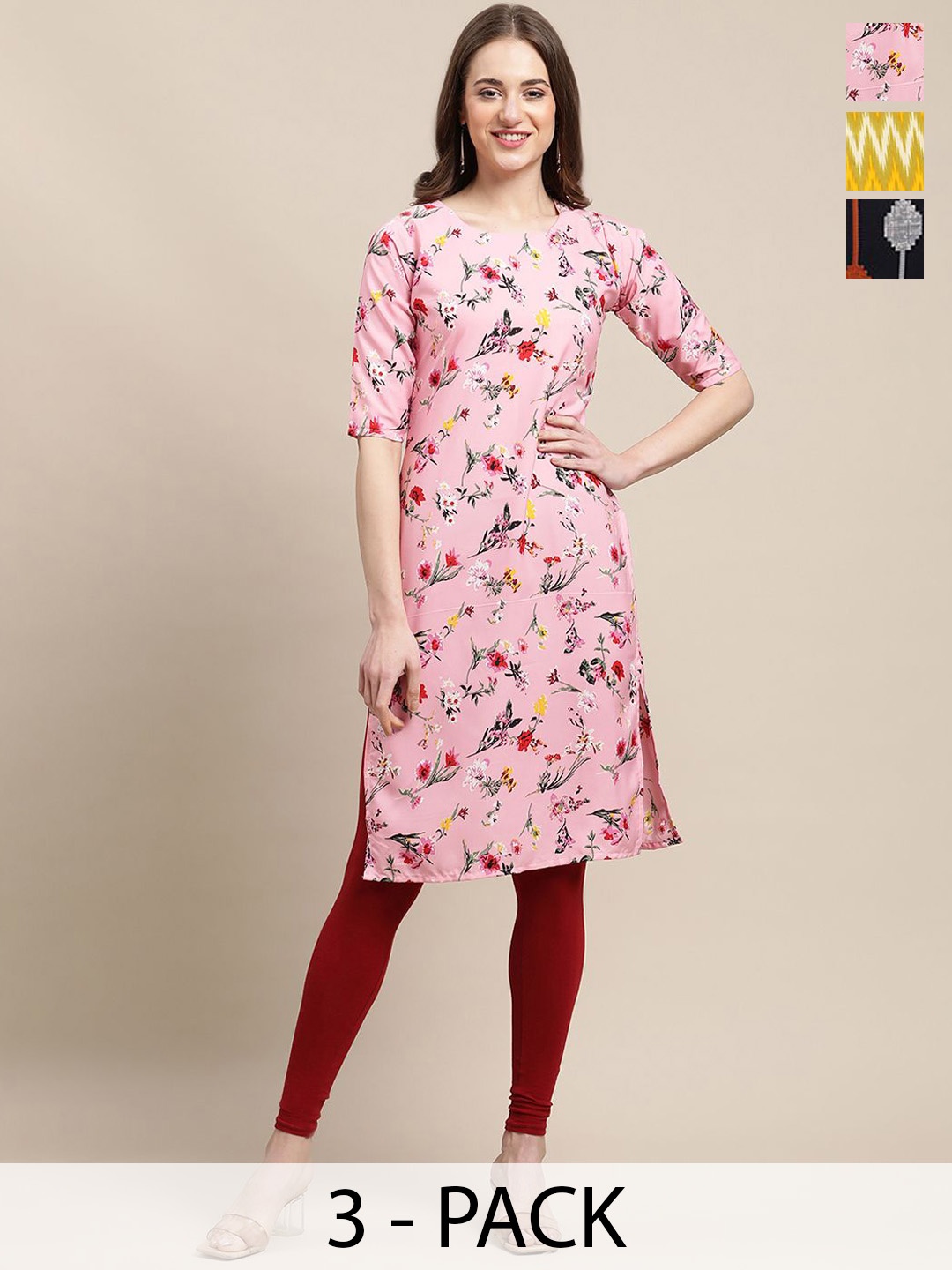 

7Threads Selection Of 3 Floral Printed Straight Kurta, Pink