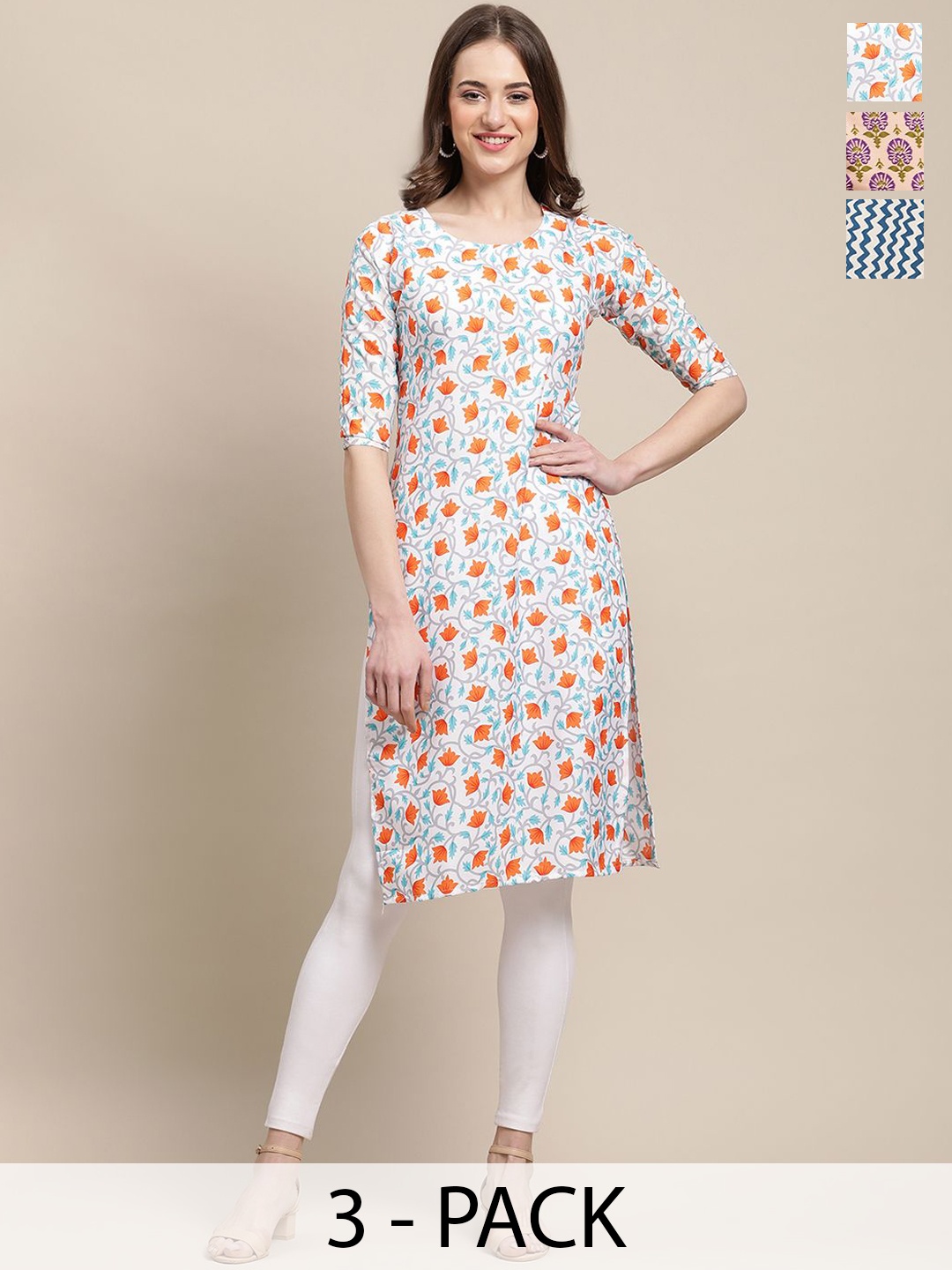 

7Threads Selection Of 3 Floral Printed Round Neck Kurtas, Orange