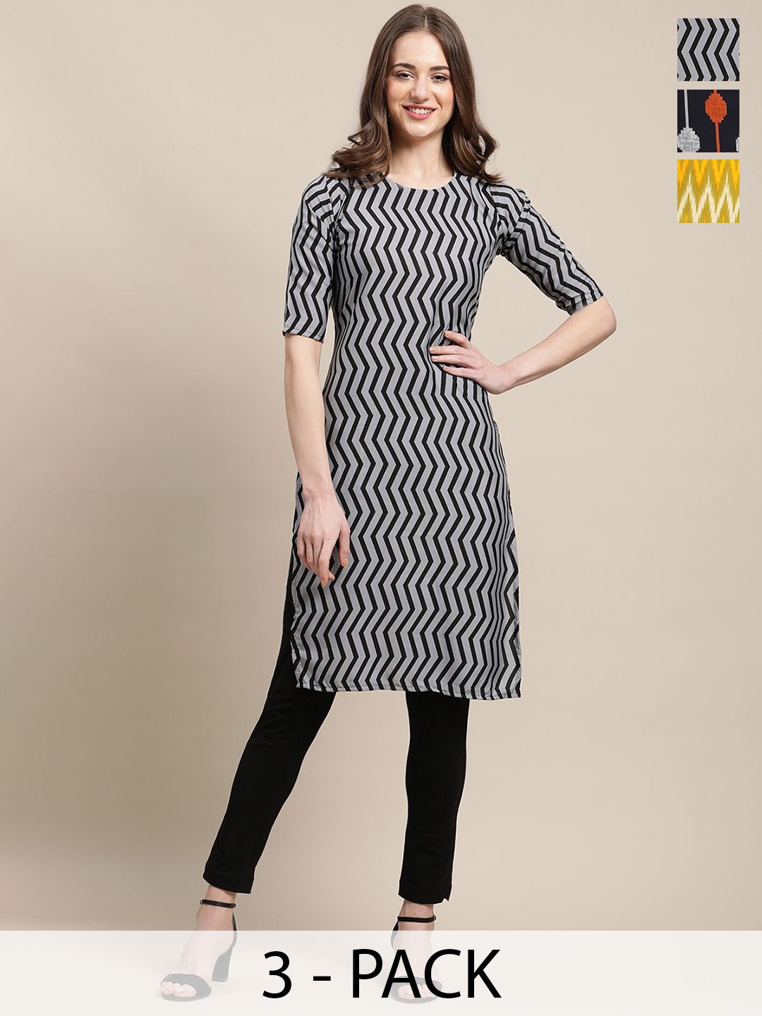 

7Threads Selections Of 3 Geometric Printed Kurtas, Grey