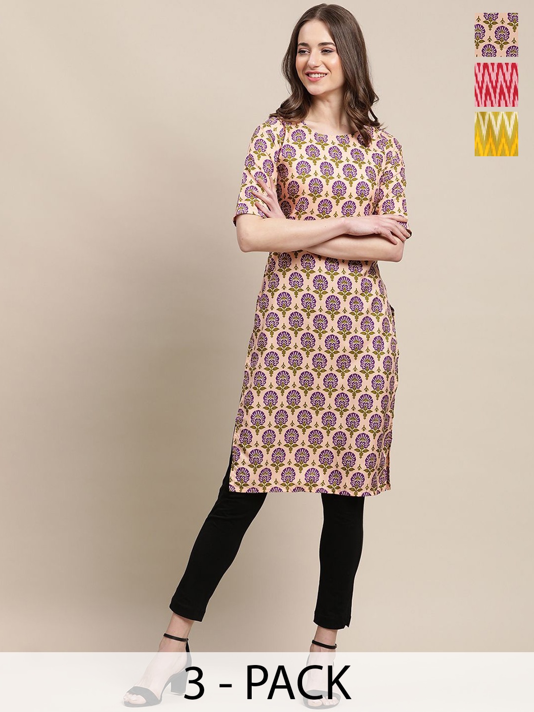 

7Threads Selection Of 3 Floral Printed Round Neck Straight Kurta, Beige