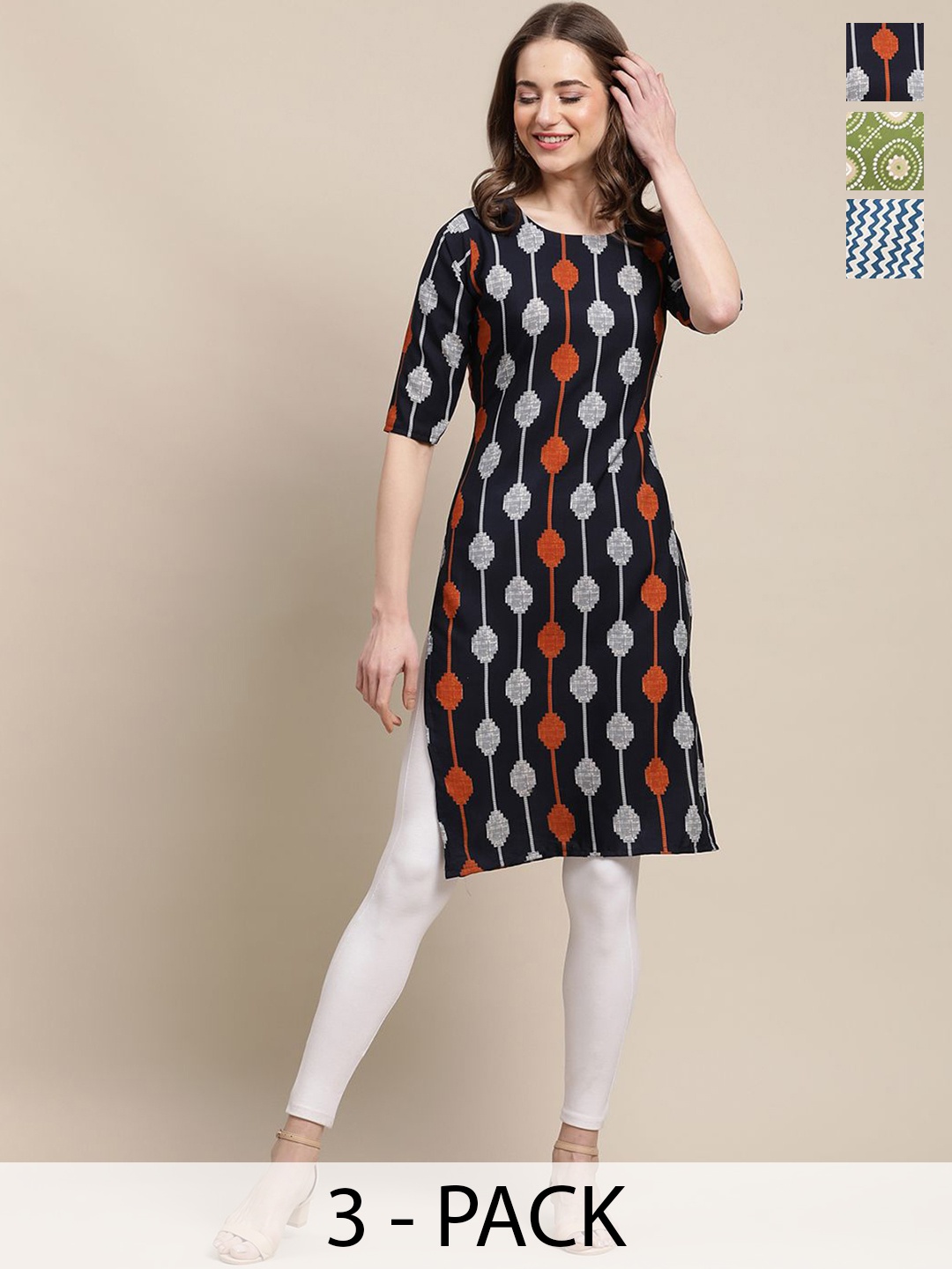

7Threads Selection Of 3 Chevron Printed Round Neck Crepe Straight Kurta, Black