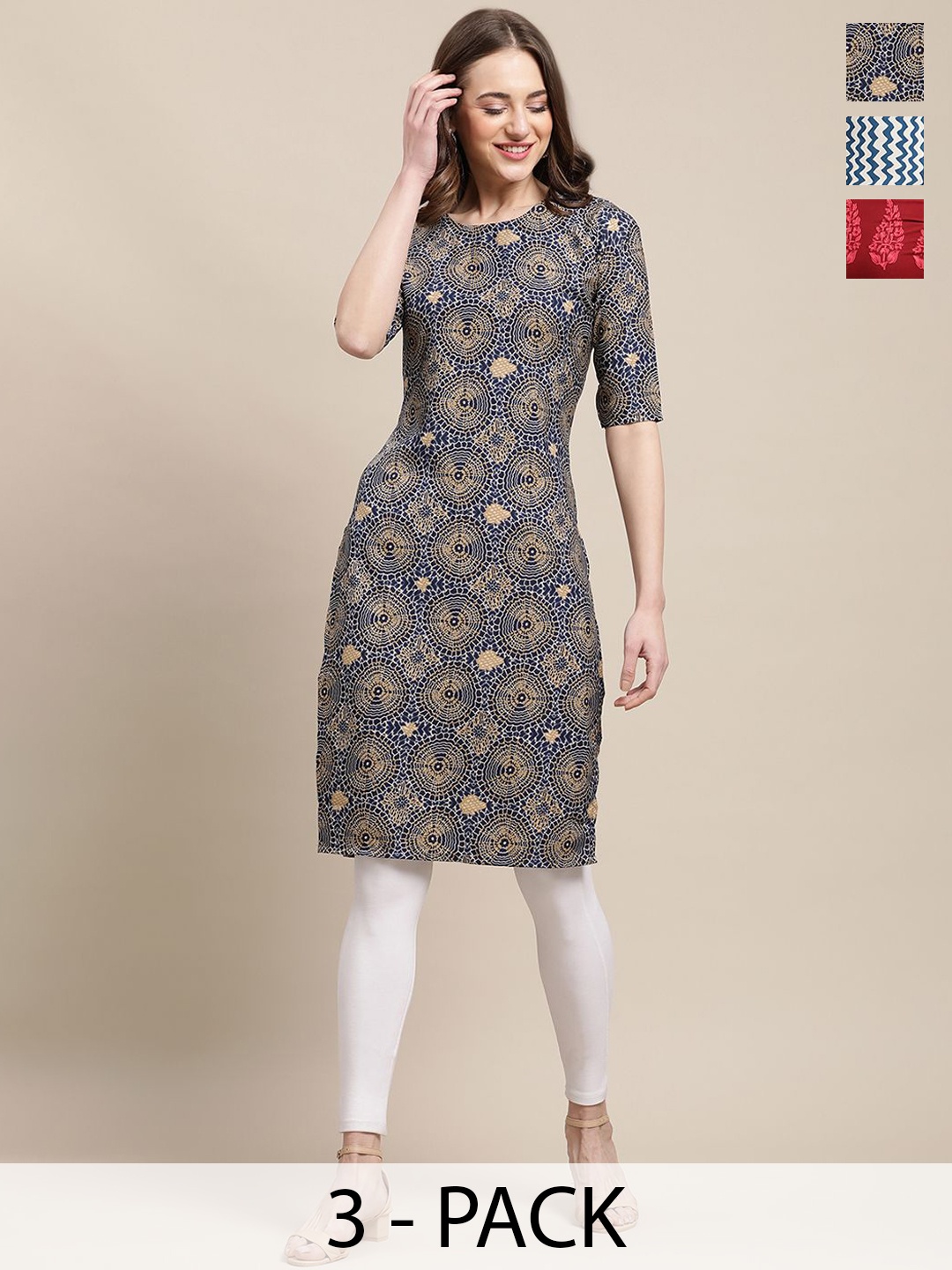 

7Threads Selection Of 3 Ethnic Motifs Printed Straight Kurtas, Beige