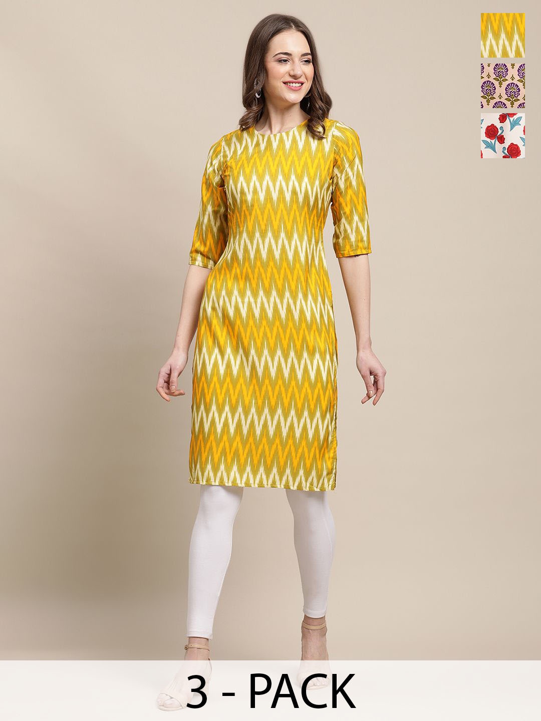

7Threads Selection Of 3 Chevron Printed Round Neck Regular Sleeves Straight Kurtas, Yellow