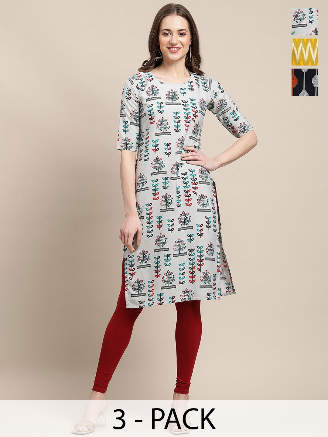 7Threads Selection Of 3 Floral Printed Straight Kurta, Grey
