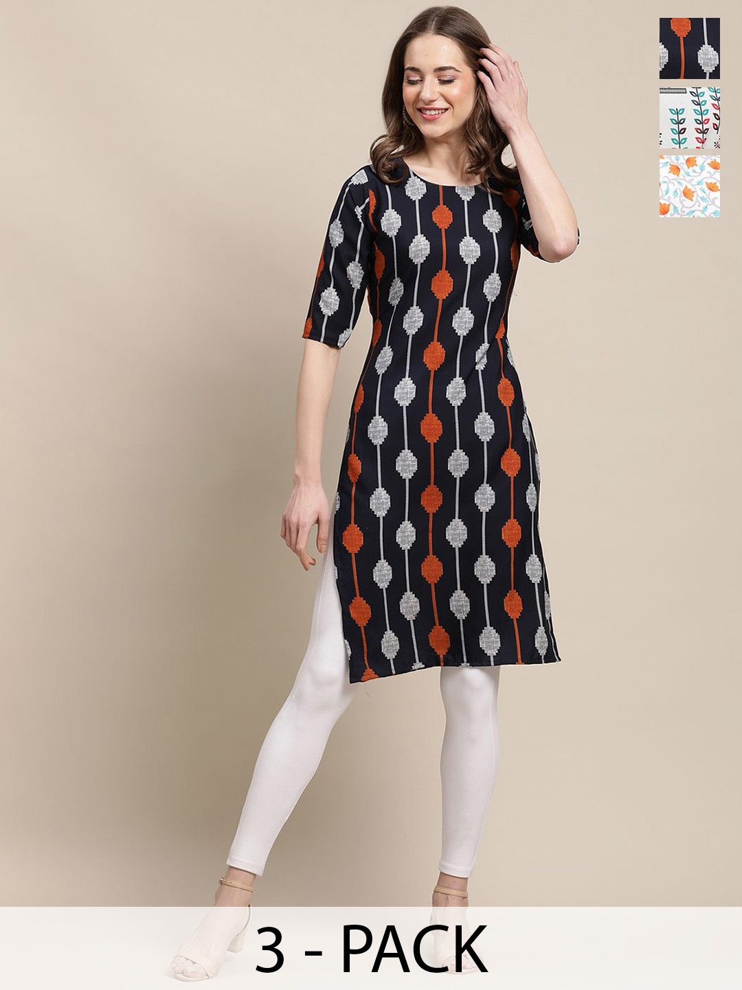 

7Threads Selection of 3 Geometric & Floral Printed Straight Kurtas, Navy blue
