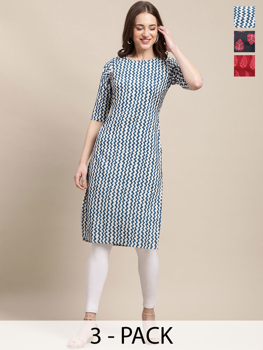 7Threads Selection Of 3 Ethnic Printed Round Neck Kurtas, Blue