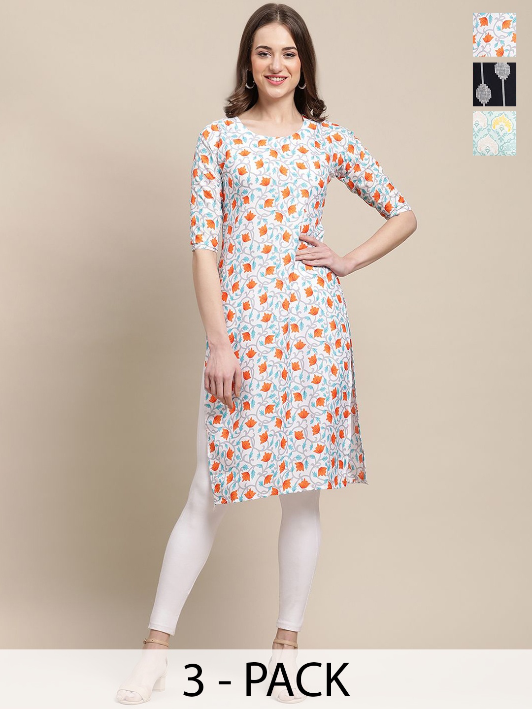 

7Threads Selection of 5 Floral Printed Crepe Straight Kurta, Blue