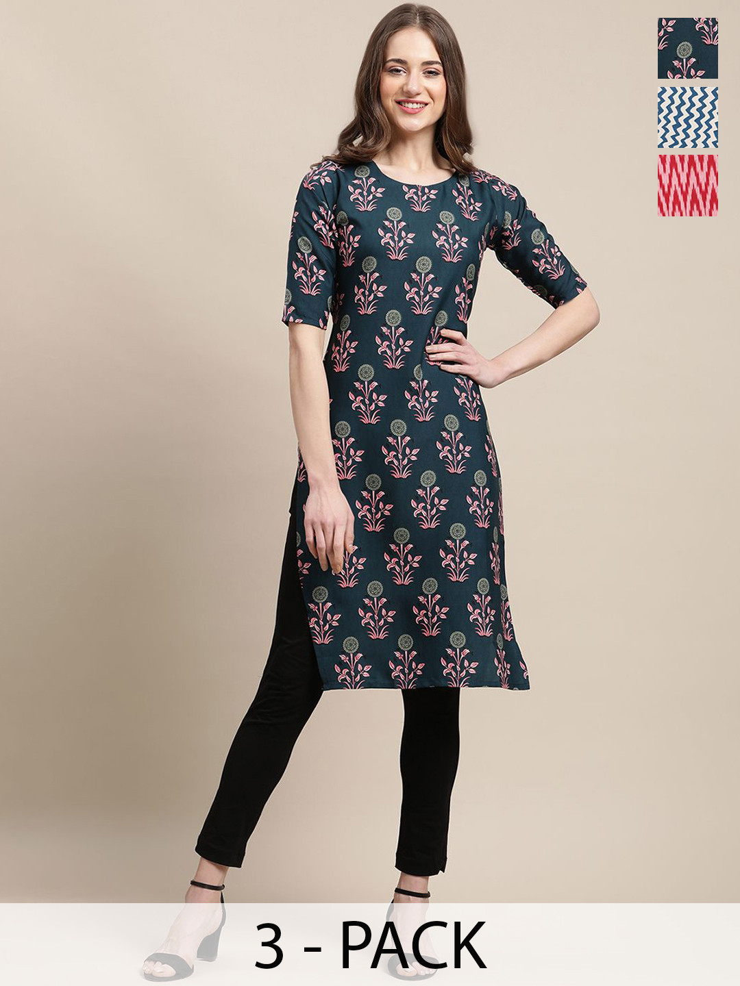 

7Threads Selection of 3 Geometric & Floral Printed Straight Kurtas, Navy blue