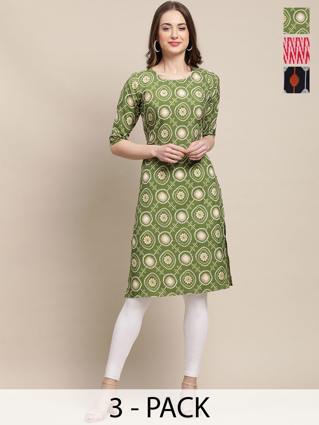 

7Threads Selection Of 3 Geometric Printed Round Neck Kurtas, Green