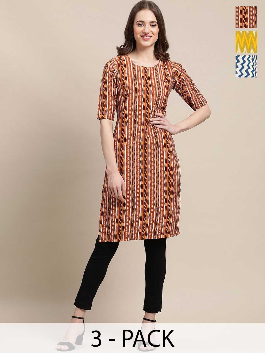 

7Threads Selection Of 3 Geometric Printed Round Neck Kurtas, Orange