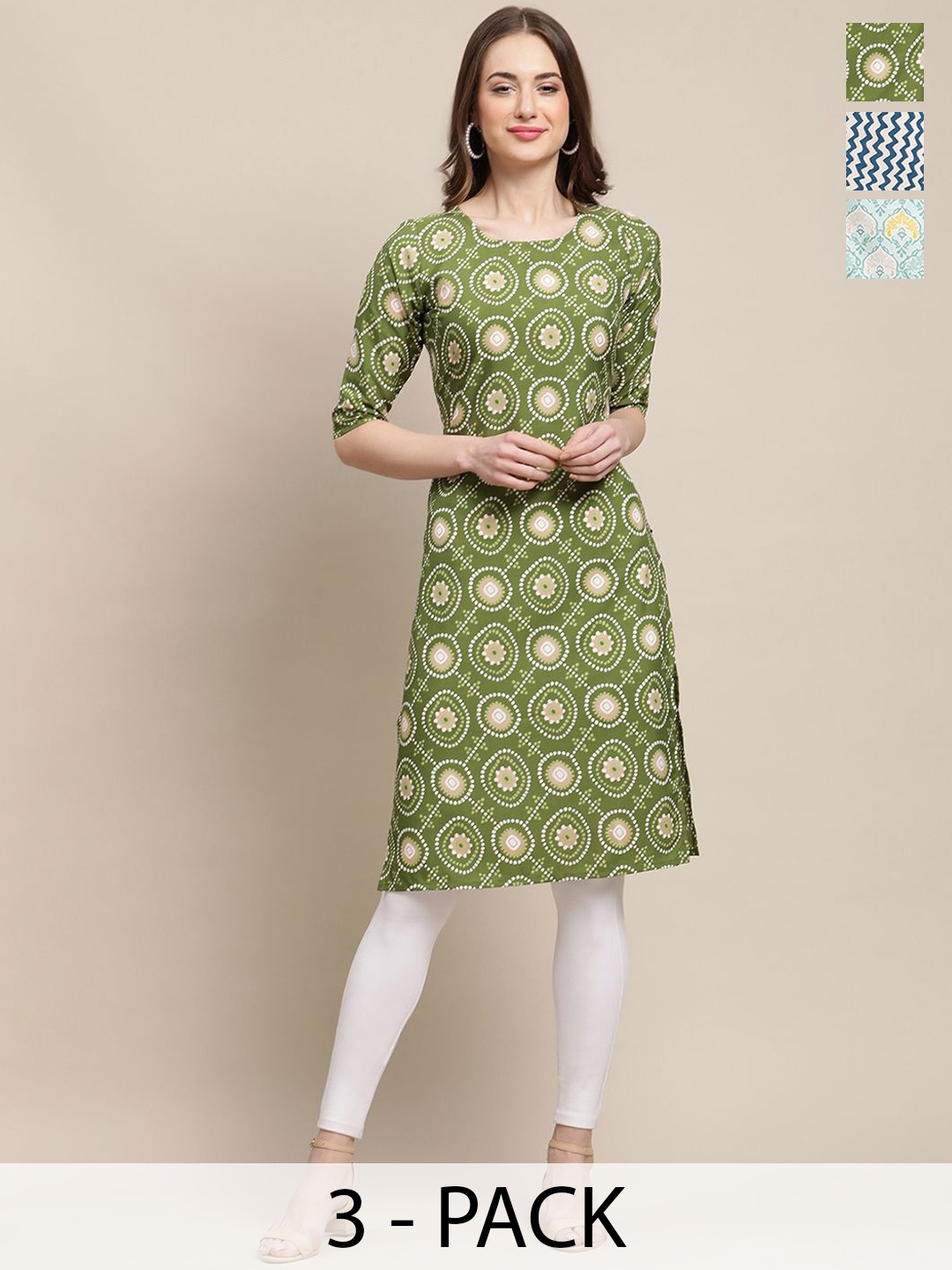 

7Threads Selection of 3 Geometric & Floral Printed Straight Kurtas, Green