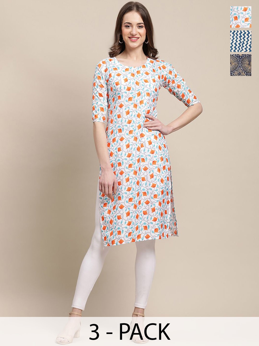 

7Threads Selection Of 3 Chevron Printed Round Neck Straight Crepe Kurtas, White