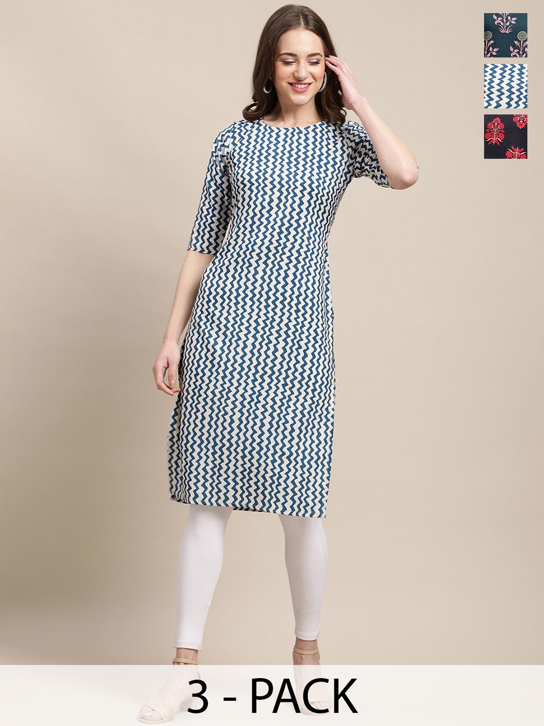 

7Threads Selection of 3 Floral Printed Crepe Straight Kurta, Blue