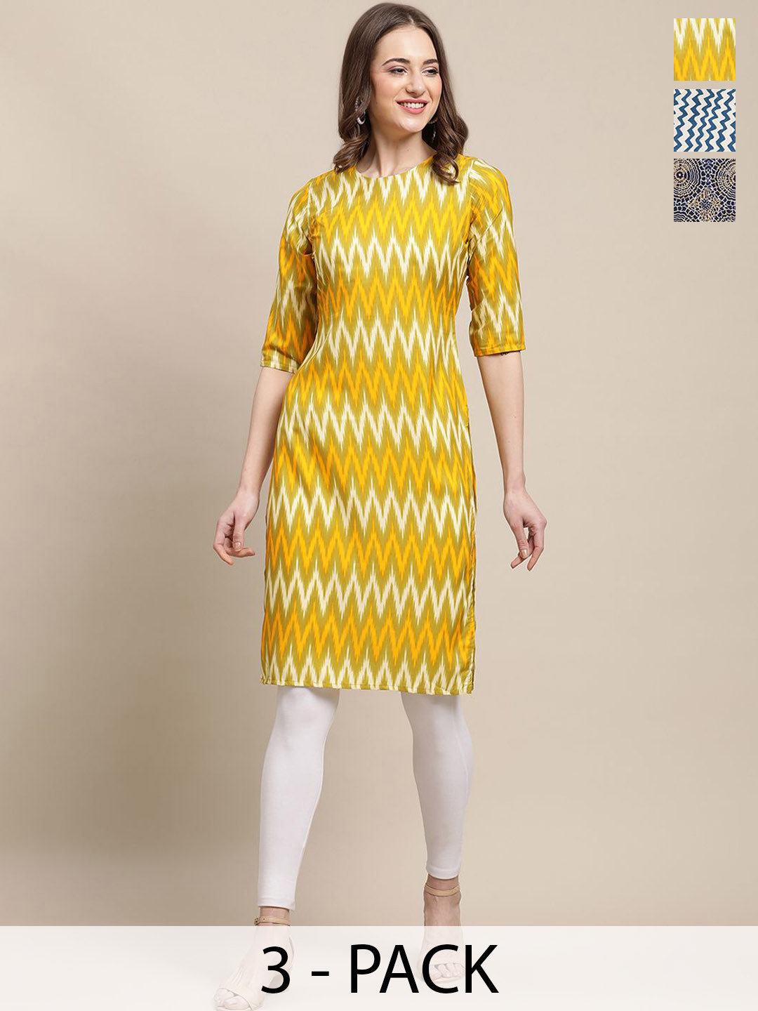 

7Threads Selection Of 3 Chevron Printed Round Neck Kurtas, Yellow