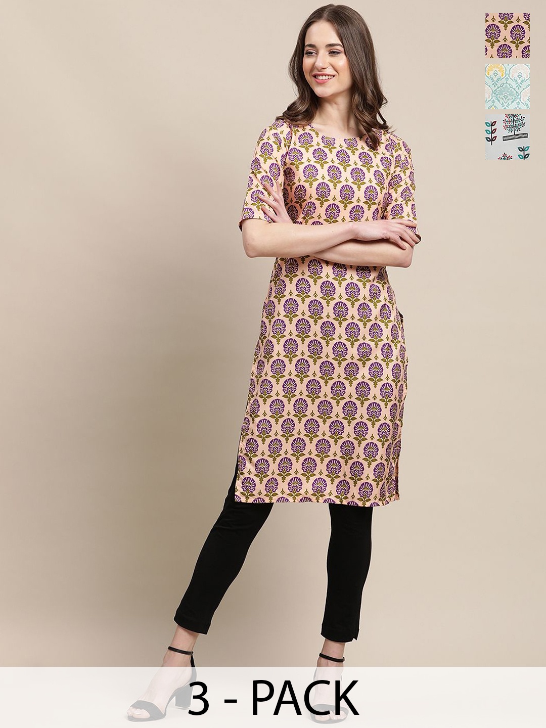 

7Threads Selection Of 3 Floral Printed Round Neck Straight Kurta, Pink