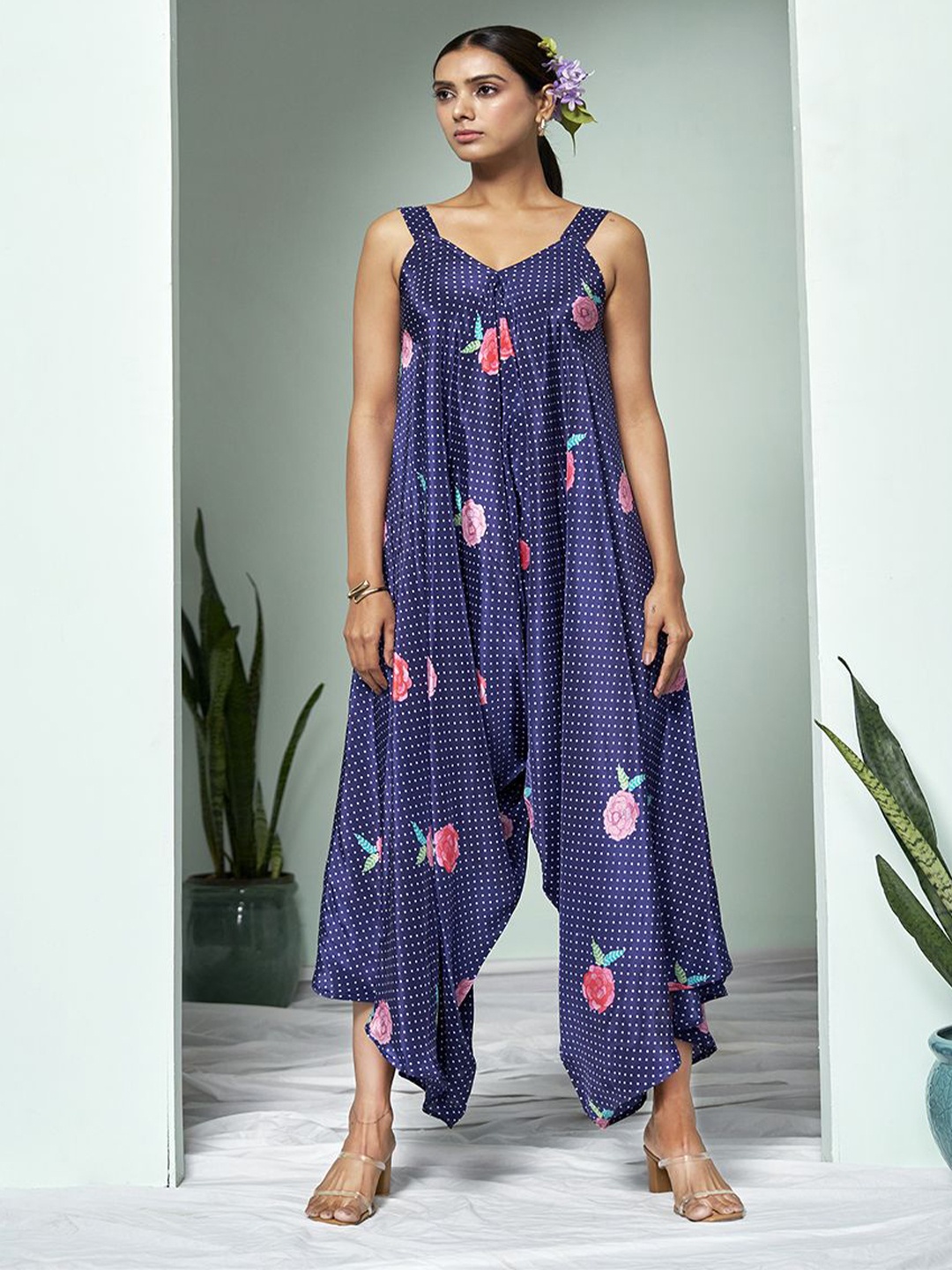 

SUKRUTI DESIGN Gul-Posh Women V-Neck Printed Sleeveless Basic Jumpsuit, Blue