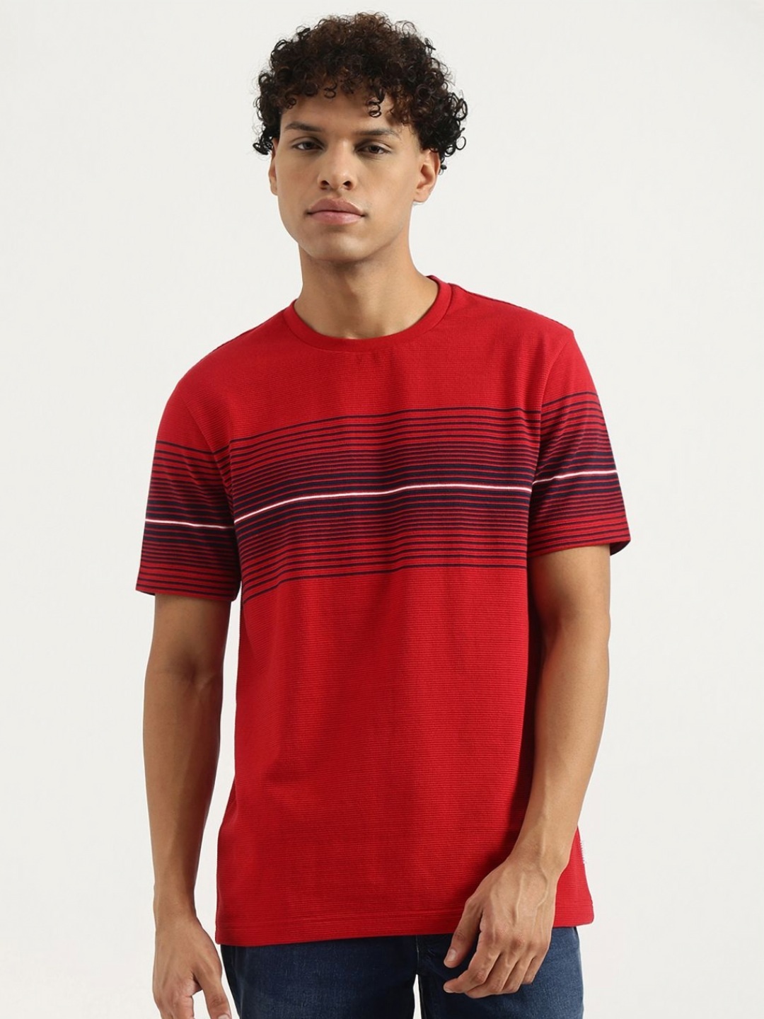 

United Colors of Benetton Men Striped Round Neck Pure Cotton T-shirt, Red
