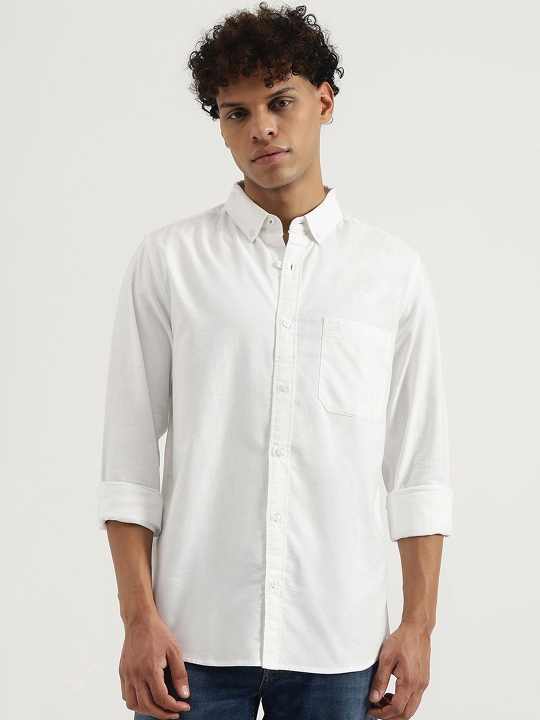 

United Colors of Benetton Men Button-Down Collar Solid Cotton Casual Shirt, White